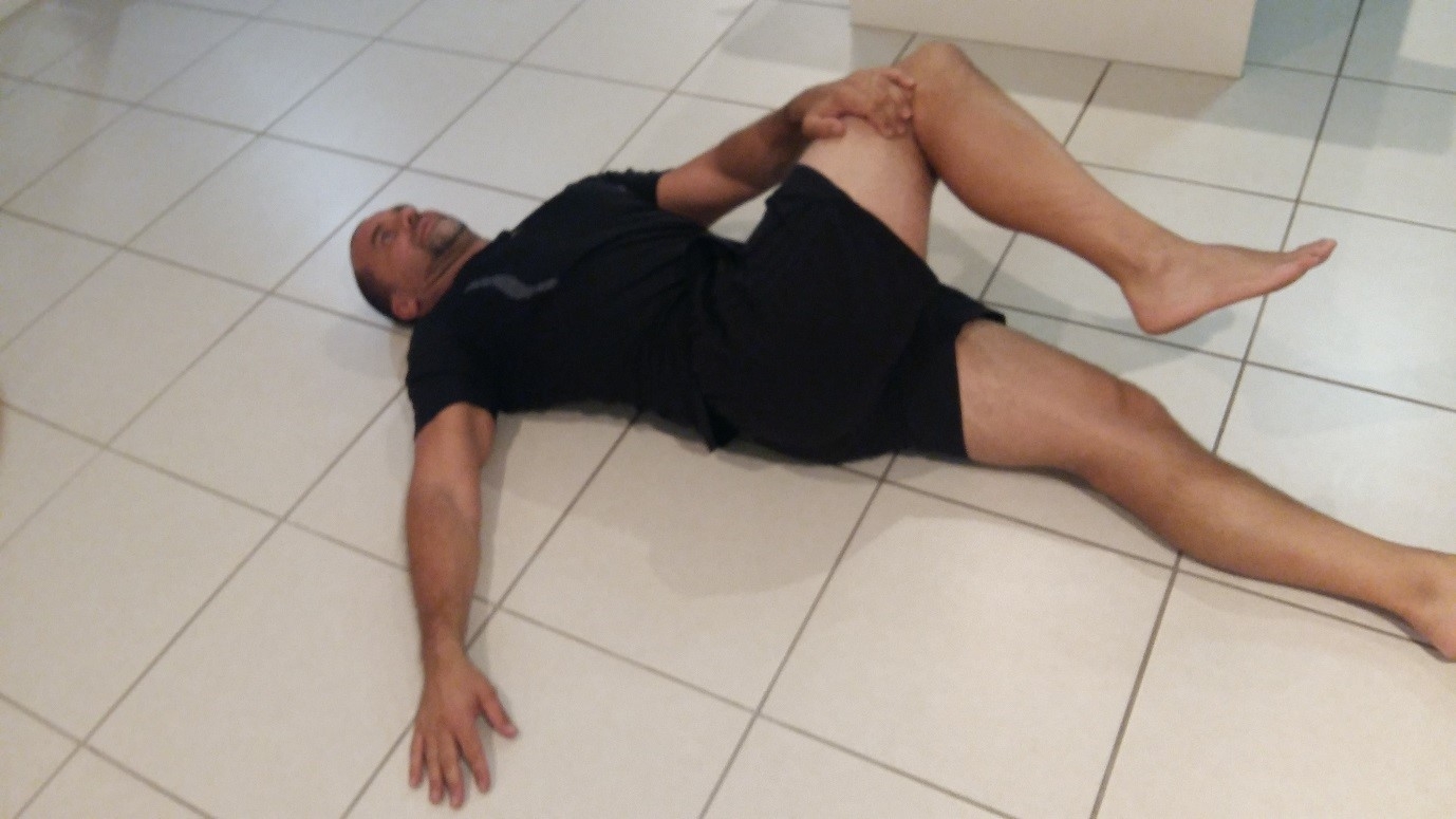 Figure 7: Short leg posterior chain stretch for right PM. Hip is 90 degrees flexion, adduction and neutral rotation