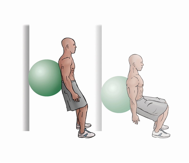 Double leg standing squats with use of a swiss ball