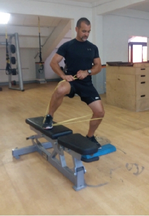 Finish position: Notice small range of knee flexion to minimise the patellofemoral joint compression